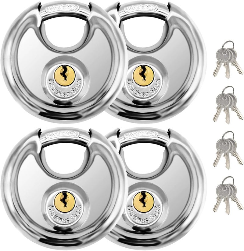 Vervida ® Keyed Padlock 70mm Waterproof Stainless Steel, 3/8 Inch Shackle Heavy-Duty Round Outdoor Lock for Storage Units & Garages 4-Pack with 12 Keys (Keyed Different) - Image 1